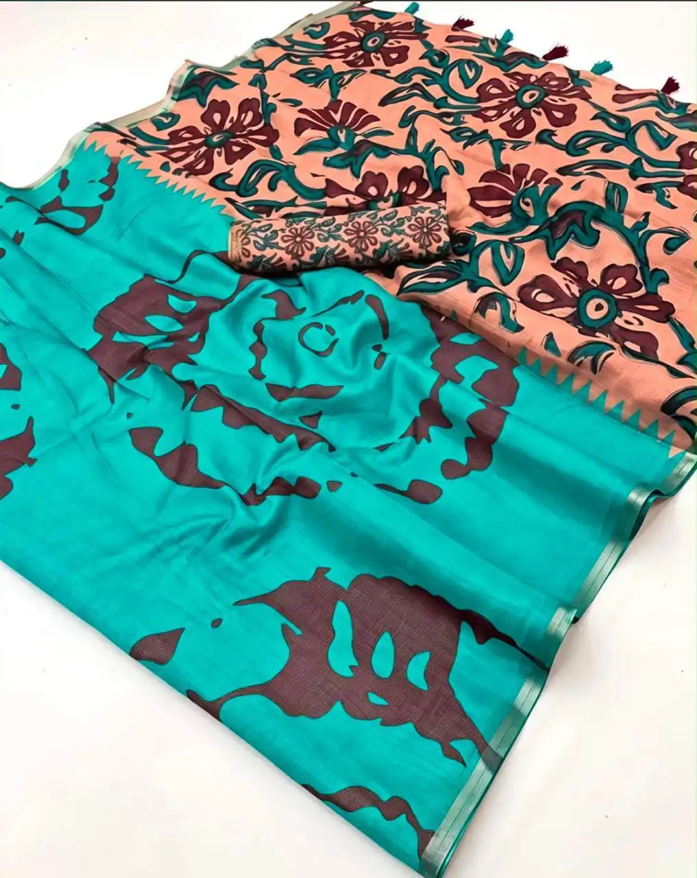 Linen Cotton All-Over Printed Contrast Pallu Saree